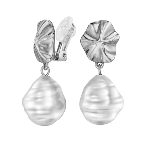 Traveller Ohrclip - Damen - Hänger - Silberfarben - Barocke Perle - 14x12 mm - Weiß - Platiniert - 30x12 mm - 114338 von Traveller