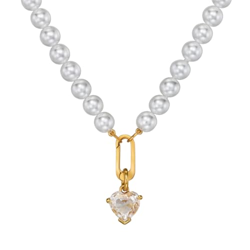 Traveller Perl-Collier mit Anhänger - Damen - Perlen - 8 mm - Weiss - Zirkonia - 12 mm - Herz - 45 cm - 22ct Vergoldet - 114312 von Traveller
