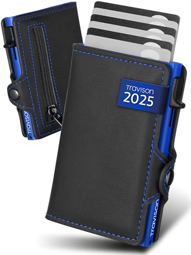Travison® SMART Wallet mit Münzfach und Geldscheinfach - Kartenetui mit Münzfach und Schnellzugriff - RFID-Schutz - Herren Geldbörse klein - Kreditkartenetui - Geldbörse mini (Schwarz-Blau) von Travison