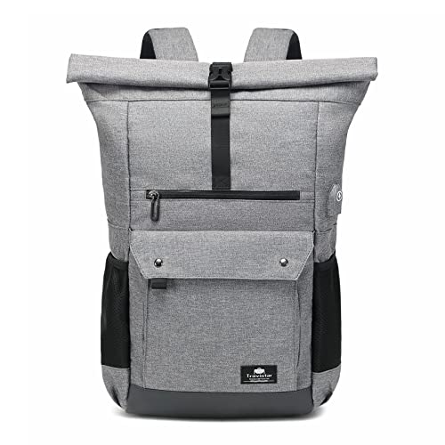 Rolltop Rucksack, 15,6 Zoll Laptop Business Schule Rucksäck Zurück Offenbar Damen Herren Ergonomie Wasserfester Atmungsaktiv Reiserucksack Tagesrucksack Kurierrucksack mit Koffergurt von Travistar