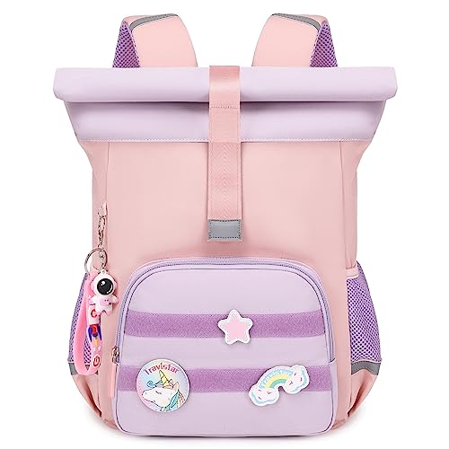 Rolltop Rucksack Kinder ab 3 Jahre - Mädchen Kindergarten Backpack Erweiterbarer Kapazität Kleiner Schulrucksack Kindertasche Kita Rucksäcke für Reise Schwimm Freizeit Schule Camping Trekking - Rosa von Travistar