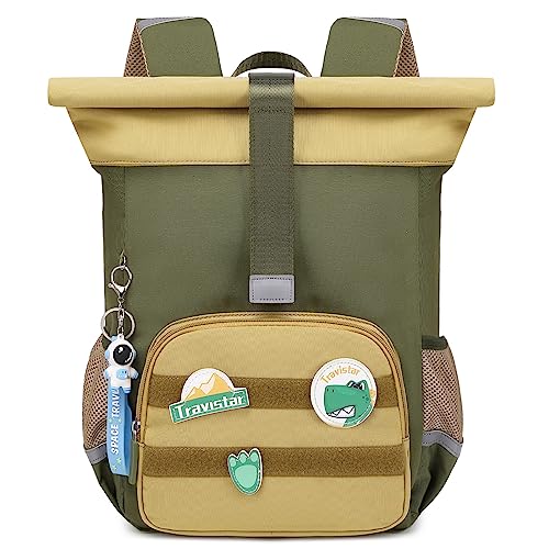 Rucksack Kinder Jungen Rolltop Kinderrucksack - Kleiner Kindergarten Rucksäck 12-16Liter Schulranzen Wasserfester Kindergartenrucksac mit Brustgurt Wanderrucksack Kindertasche für 3-8 Jährige - Grün von Travistar