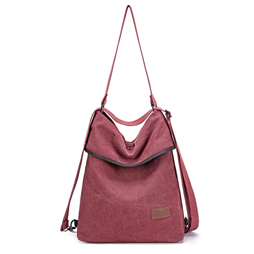 Travistar Damen Canvas Schultertasche Rucksack Groß Handtasche Vintage Damen umhängetasche Anti Diebstahl Tasche Damen Hobo Tasche für Alltag Büro Schule Ausflug Einkauf-Weinrot von Travistar