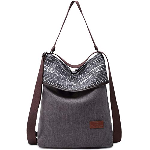 Travistar Damen Handtasche Canvas Rucksack Groß Schultertasche Vintage Damen umhängetasche Anti Diebstahl Tasche Damen Hobo Tasche für Alltag Büro Schule Ausflug Einkauf - Gedrucktt Grau von Travistar