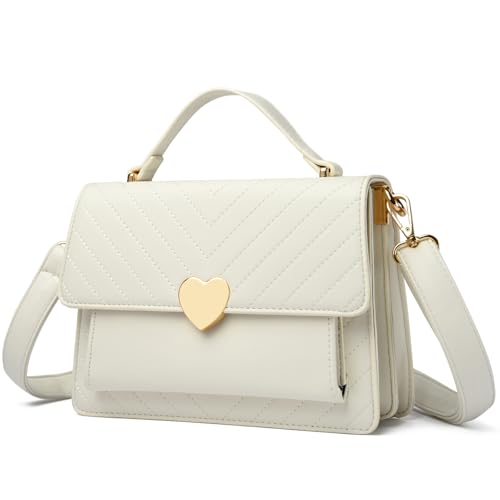 Travistar Handtasche Damen Mittelgroß Umhängetasche Damen PU Leder Crossbody Bag Niedlich Kleine Schultertasche für Frau Gesteppt Abendtasche mit Kreditkartenfächer, Weiß von Travistar