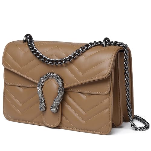 Travistar Kleine Umhängetasche Damen Crossbody Bag Damen - Gesteppt Kette Handtasche Damen Klein Schultertasche Leder Cross Body Tasche Moderne Abendtasche mit Anthrazit Ketten-Schulterriemen - khaki von Travistar