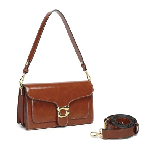 Travistar Leder Handtasche Damen Umhängetasche Mittelgroß Schultertasche Abendtasche Kupplung Crossbody Bag mit 2 Abnehmbar Breiter Schultergurt Kreditkartenfächer Rot Braun von Travistar