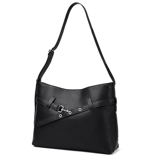Travistar Umhängetasche Damen Mittelgroß Handtasche Damen Leder Crossbody Bag Damen Tasche Hobo Schultertasche mit Verstellbarer Schultergurt Schwarz von Travistar