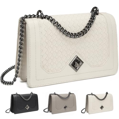 Travistar Umhängetasche Handtasche Damen Klein - Kette Crossbody Bag Damen Kleine Schultertasche Leder Crossover Bag Mode Abendtasche mit Verstellbarer Schulterriemen Weiß Gewebtes Muster von Travistar