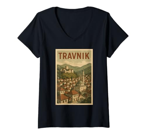 Damen Travnik Bosnia Skyline T-Shirt mit V-Ausschnitt Damen Travnik Bosnia Skyline T-Shirt mit V-Ausschnitt von Travnik Souvenirs & Co.