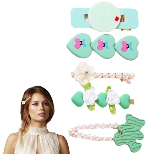 Blumen Haarklammern Grün Glitzer Haarspange Perle Weiße Perlen Dekor Haarklammer Kit für Frauen Mädchen Haarschmuck Geschenke 0825 von Traziewell