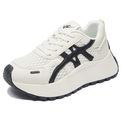 Trcloltc Damenmode Chunky Plattform Sneaker Süß, Netz Baumwollfutter, Memory-Schaum Einlegesohle, 1,8-Zoll Absatz, Mehrfarben Größe36 2011Beige & Schwarz von Trcloltc