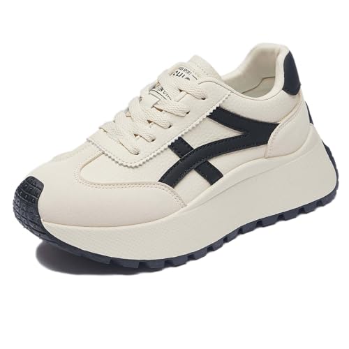 Trcloltc Damenmode Chunky Plattform Sneaker Süß, Netz Baumwollfutter, Memory-Schaum Einlegesohle, 1,8-Zoll Absatz, Mehrfarben Größe36 852Beige & Schwarz von Trcloltc
