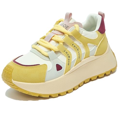 Trcloltc Damenmode Chunky Plattform Sneaker Süß, Netz Baumwollfutter, Memory-Schaum Einlegesohle, 1,8-Zoll Absatz, Mehrfarben Größe37 020Gelb von Trcloltc