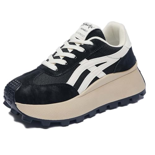 Trcloltc Damenmode Chunky Plattform Sneaker Süß, Netz Baumwollfutter, Memory-Schaum Einlegesohle, 1,8-Zoll Absatz, Mehrfarben Größe37 88612Beige & Schwarz von Trcloltc
