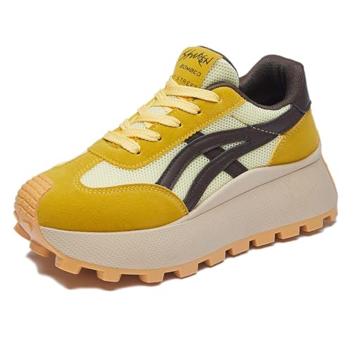 Trcloltc Damenmode Chunky Plattform Sneaker Süß, Netz Baumwollfutter, Memory-Schaum Einlegesohle, 1,8-Zoll Absatz, Mehrfarben Größe40 8612Gelb & Braun von Trcloltc