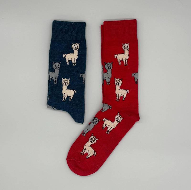 Lange Alpaka Socken Mit Süßem Motiv Aus 80 % Baby-Alpakawolle - Bunte & Weiche Strümpfe Für Herbst Und Winter | Blau, Rot von TreAlpacas