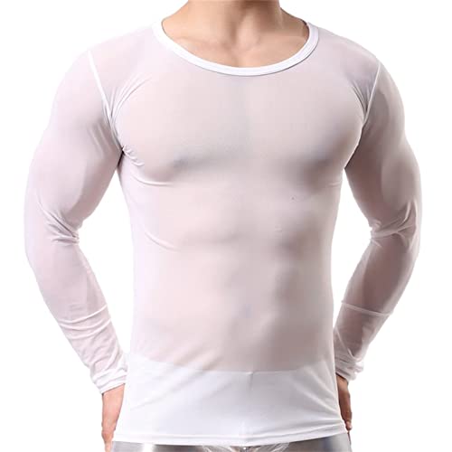 Herren Muskel Transparent Herren Sexy Unterwäsche Boxershorts Mesh Atmungsaktive Sexy Shirts Herren Langarm Nachtwäsche Durchsichtig Mesh Bluse Lässig Schritt Männerbody Unterhemd (White-6, XXXXXL) von Treadyouth