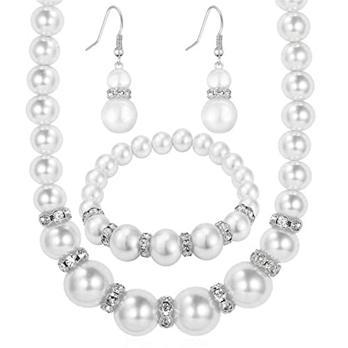 Schmuck Uhren Silbernes Perlen-Strass-Set Natürliches Süßwasserperlen-Halsketten-Set beinhaltet atemberaubendes Halsketten-Armband und Ohrringe Schmuck-Geschenk für Frauen (B-Silver, One Size) von Treadyouth
