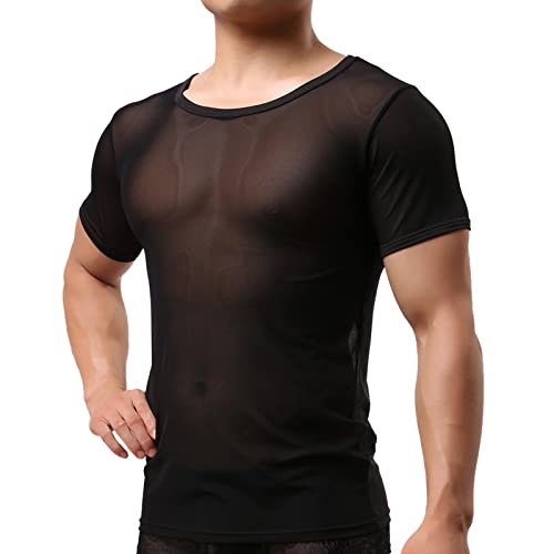 Shirts ärmellos Netz Unterhemd Sexy Unterwäsche für Herren, Boxershorts, Mesh, atmungsaktiv, sexy Hemden, ärmellose Nachtwäsche für Herren, durchsichtige Mesh-Weste, lässig Party (Black-2, XXXXXL) von Treadyouth