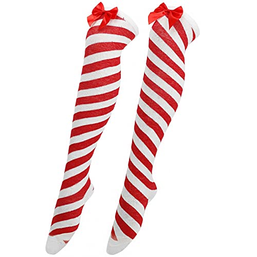 Streifen Kniestrümpfe Elastisch Overknee Strümpfe Weihnachten Schleife Oberschenkel Hohe Lange Strümpfe Überkniestrümpfe Weihnachten Cosplay Party Kostüme Socken Kniehohe Socks (Red-A, One Size) von Treadyouth