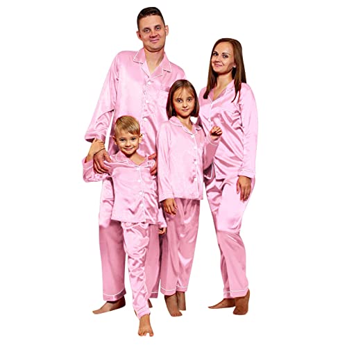 Treadyouth Familie Weihnachten Pjs Passender Seiden-Satin-Familienpyjama für Herren, Pyjama-Set, Nachtwäsche, Hose, Nachtwäsche, solide Loungewear Christmas Pyjama Langarm (Pink-H, XXXL) von Treadyouth