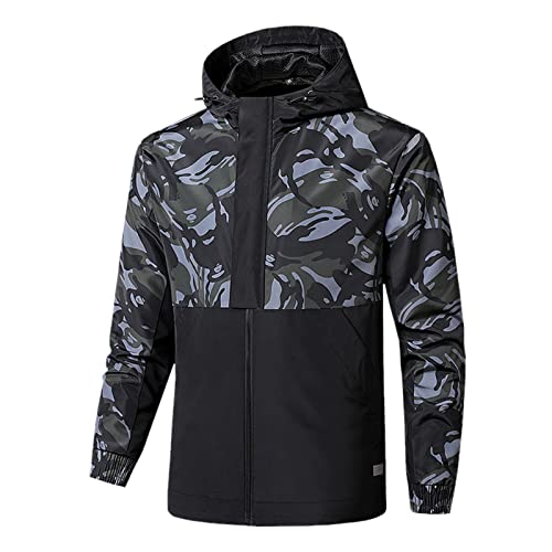 Treadyouth Männliche Casual Patchwork Camouflage Outdoor Jacken mit Kapuze Langarm Reißverschluss Schlitztasche Mantel Sehr Warme Winterjacke Herren (Black, XL) von Treadyouth