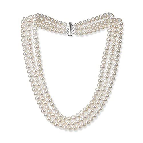 Treasure Bay Elegante und klassische Süßwasserperlenkette in AA-Qualität Dreireihige Perlenkette für Damen, 7 mm (Weiß) von Treasure Bay