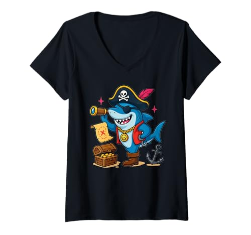 Damen Pirat-Hai mit Schatzkarte & Goldtruhe – Niedlicher Cartoon T-Shirt mit V-Ausschnitt Damen Pirat-Hai mit Schatzkarte & Goldtruhe – Niedlicher Cartoon T-Shirt mit V-Ausschnitt von Treasure Tide Studio
