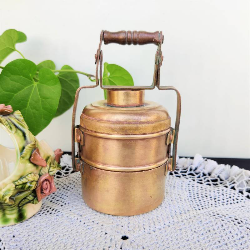 Antike Seltene 2 Fach Messing Mini Lunchbox | Tiffin Box Dabba Lunch Carrier Einzigartige Mit Henkel Hochzeitsgeschenk von TreasureArtefacts