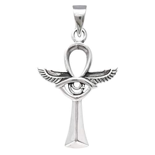 TreasureBay Ägyptisches Ankh Kreuz Anhänger mit schützenden Flügeln der Isis und Auge Halskette aus 925 Sterling Silber, Sterling Silber von TreasureBay