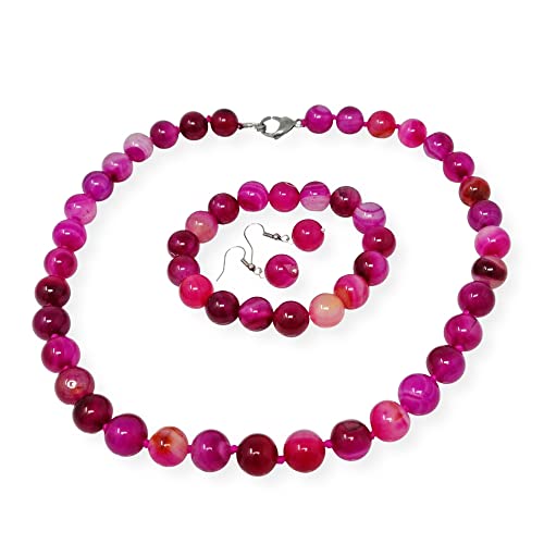 TreasureBay Atemberaubendes Halsketten- und Armband-Schmuckset aus natürlichen Edelsteinen für Damen, 12 mm (Rosa Spitzenachat) von TreasureBay