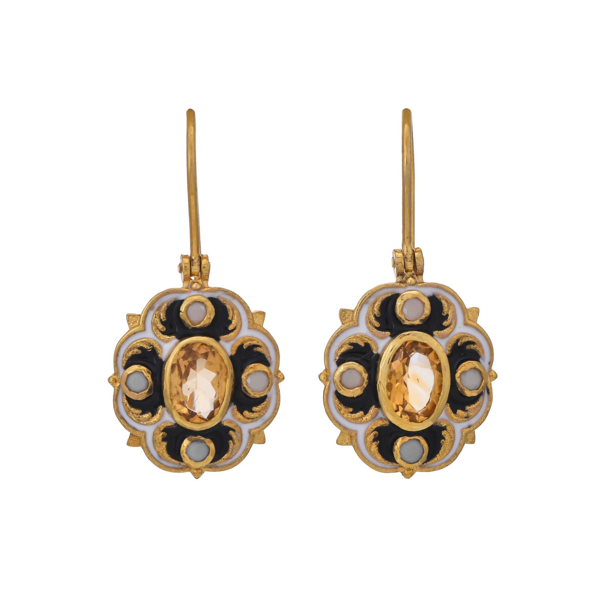Art-Déco-Emaille-Ohrring Aus 14-Karätigem Gold Mit Citrin Und Vermeil-Perlen von TreasureDiary
