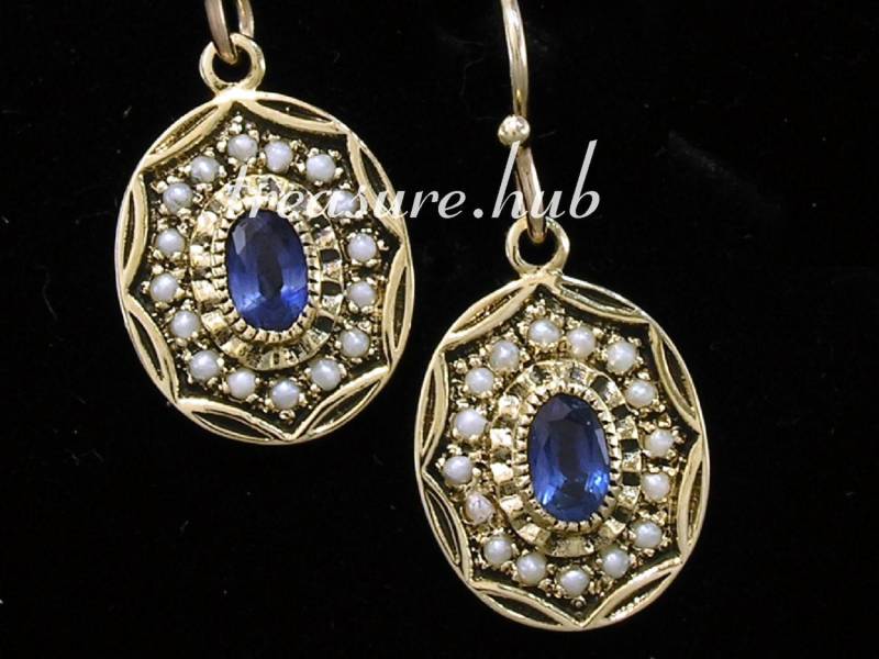 Echte 9K, 10K, 14K, 18K Solid Gold Natürlicher Saphir Perle Oval Cluster Ohrringe Vintage Antik Design Verfügbar Mit Anderen Edelsteinen Rubin von TreasureHubAU