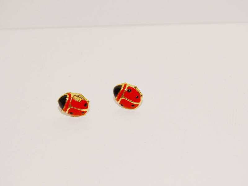 14K Yg Gestempelt Love Bug Ladybug Rot/Schwarz Emaillierte Ohrringe von TreasureHuntingSpot