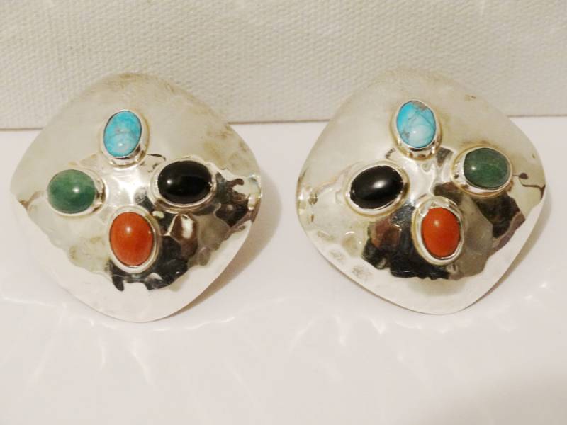 Antik Seltene Vintage Fer Es Mexico 925 Sterling Gestempelt Mit Edelsteinen Cip-On Ohrringe 1.40" von TreasureHuntingSpot