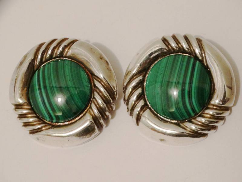 Riesige 925 Sterling Silber Dnd Designer Echte Malachit Ohrclips Signiert von TreasureHuntingSpot