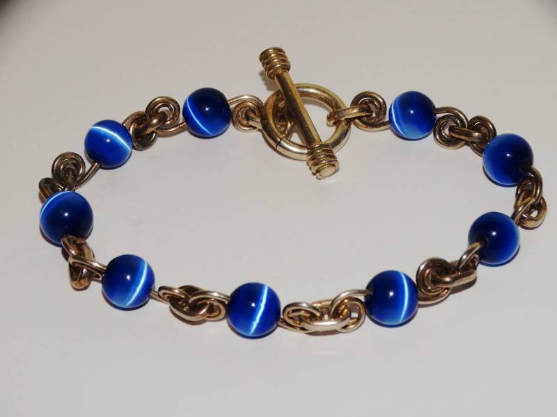 Sterling Silber Blau Katzenauge Stein 8" Zoll Lg Rare Scroll Design Armband von TreasureHuntingSpot