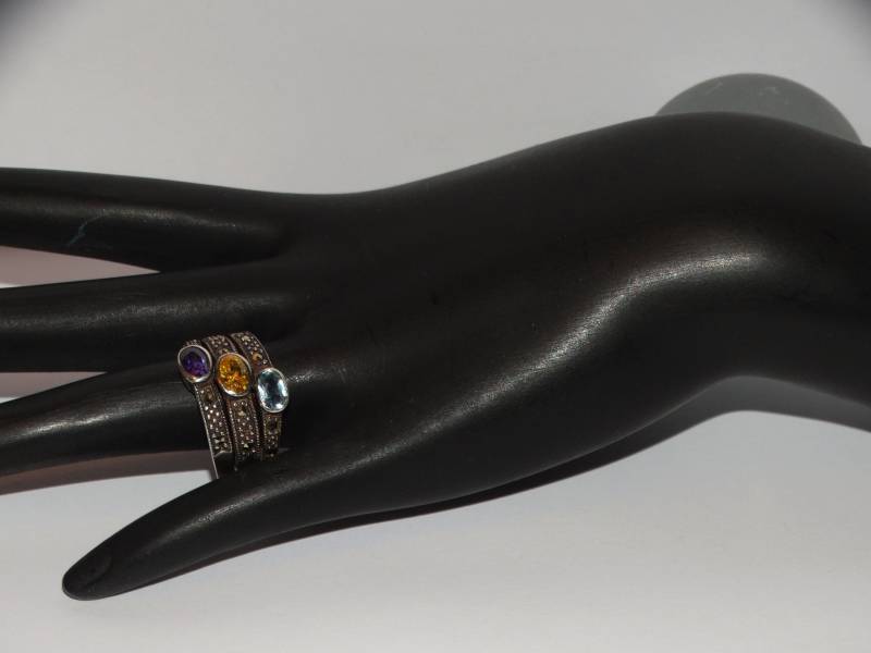 Sterling Silber Dreifach-Ring Gelb Blau Markasit Lila Stein Größe 9 von TreasureHuntingSpot
