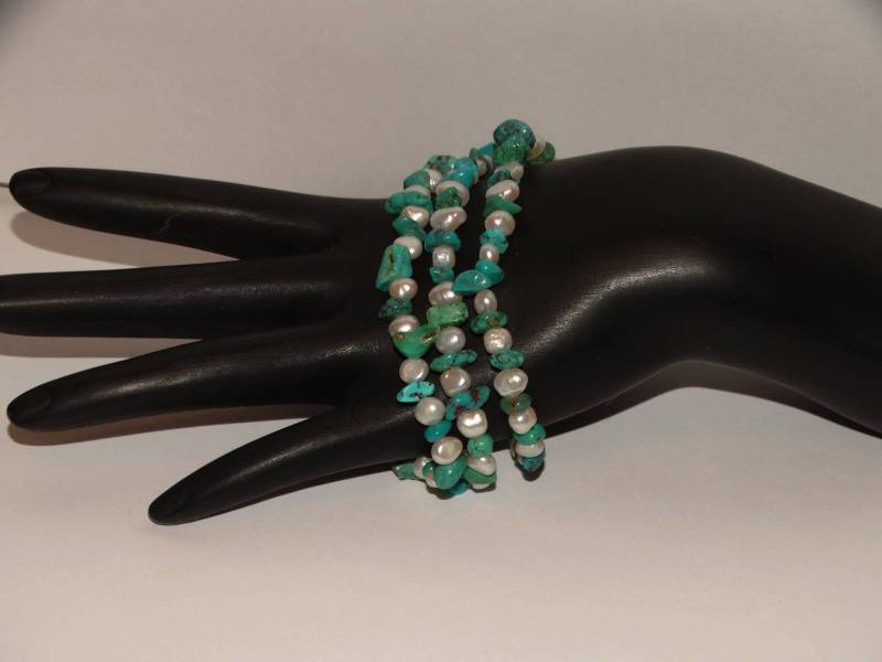 sterling Silber Echte Süßwasserperle Und Blau Türkis Dreifachstrang Armband von TreasureHuntingSpot