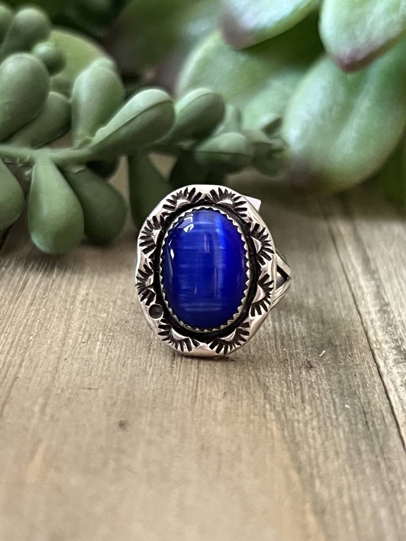 Blauer Fiberoptic Ring Sterling Silber Handarbeit Größe 6.0, C173 von TreasureMtnTurquoise