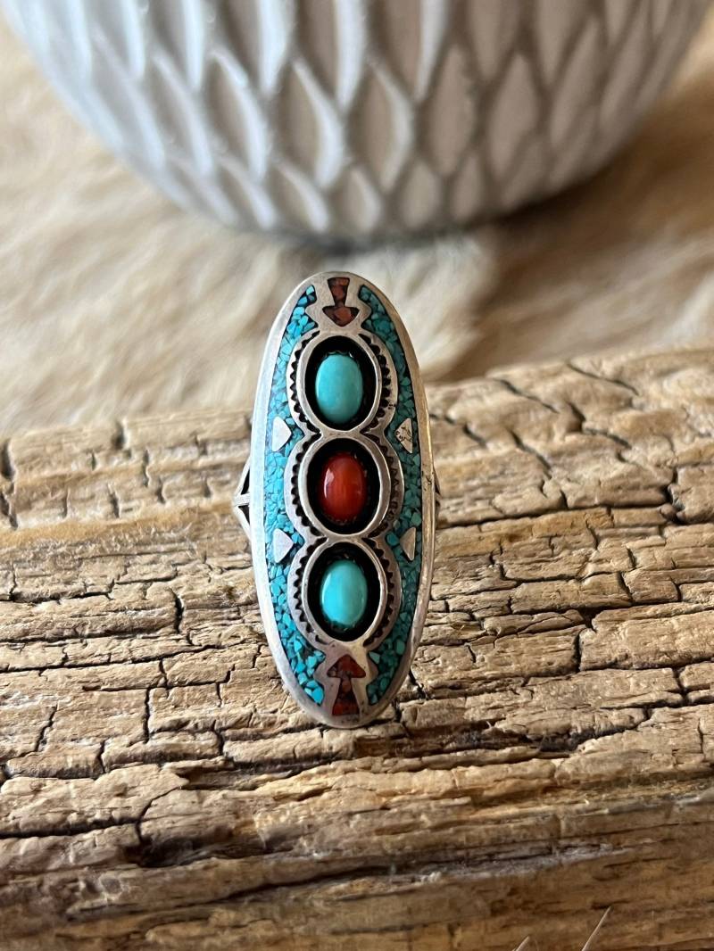 Dornröschen Türkis Und Koralle Ring Sterling Silber Handarbeit Gr. 5.75, R0475 von TreasureMtnTurquoise