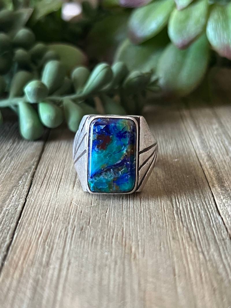 Herren Sterling Silber Ring; Azurit Mit Malachit, Handarbeit, Größe 11.75, C189 von TreasureMtnTurquoise