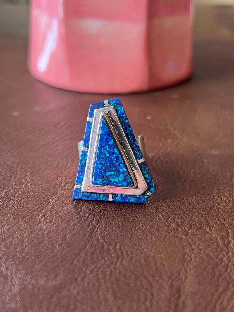 Intarsien Blau Grün Lab Opal Ring Gr. 9.5, C90 von TreasureMtnTurquoise