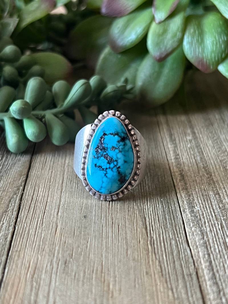 Kingman Türkis Herrenring Sterling Silber Handarbeit Gr. 11.5, C204 von TreasureMtnTurquoise