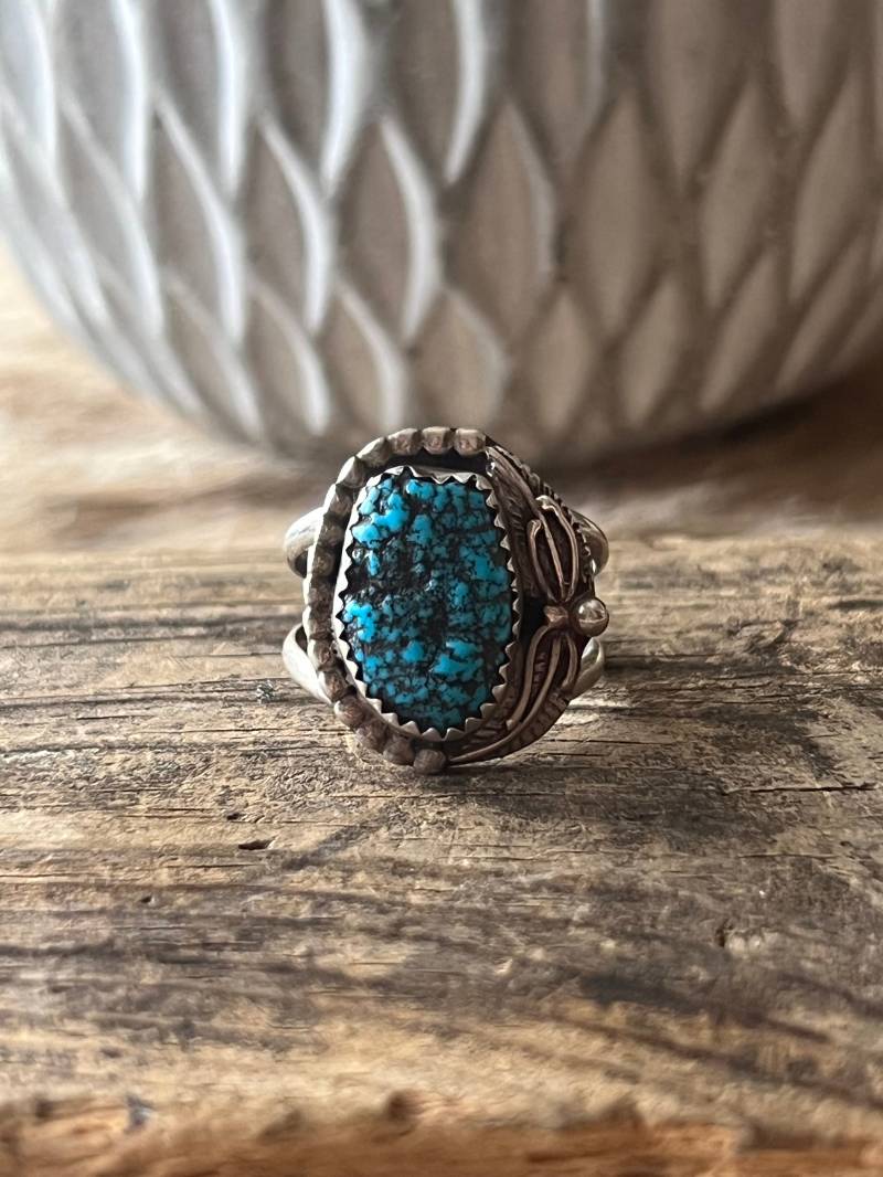 Natürlicher Kingman Türkis Ring Sterling Silber Handarbeit Größe 7.5, C62 von TreasureMtnTurquoise