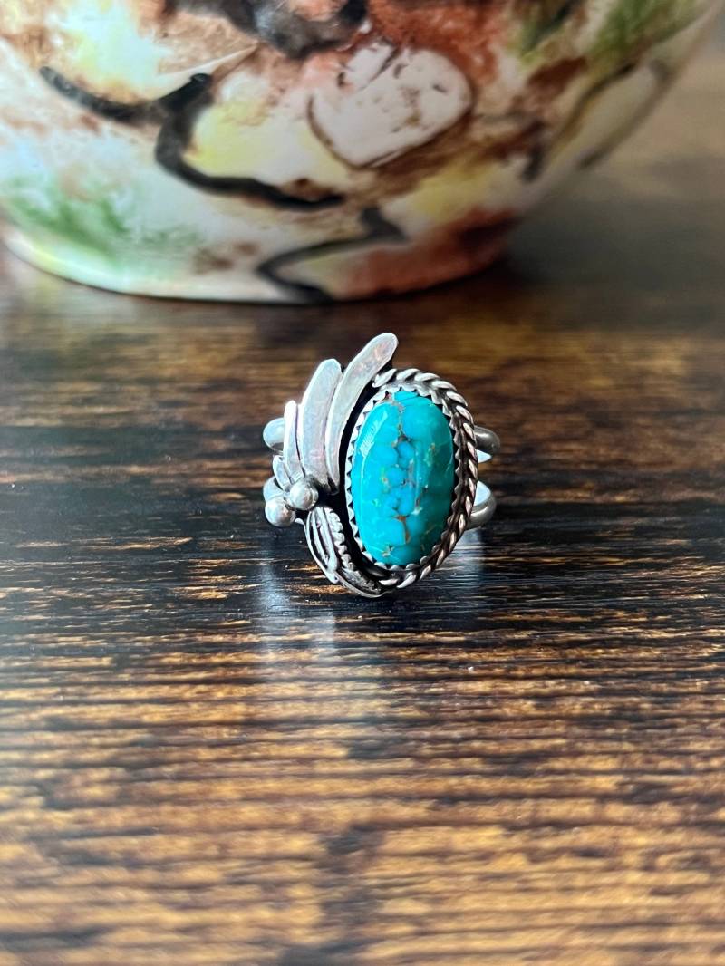 Natürlicher Kingman Türkis Ring Sterling Silber Handarbeit Größe 8.0, C70 von TreasureMtnTurquoise