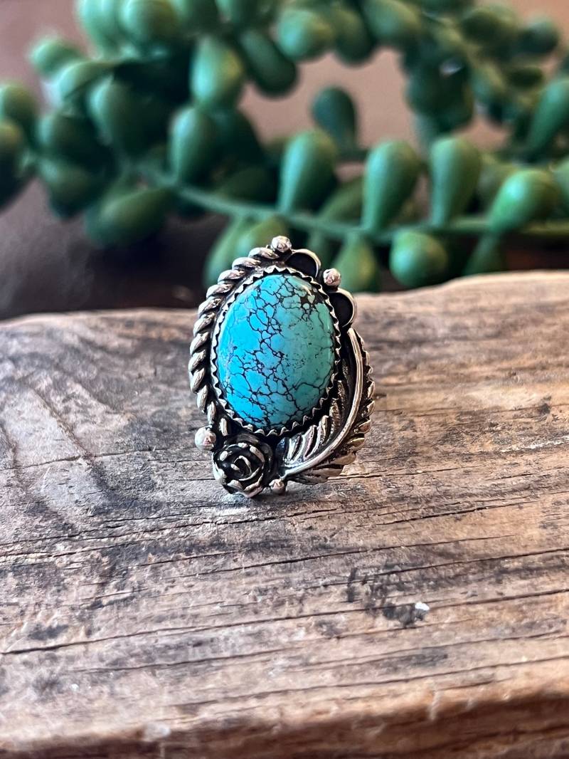 Natürlicher Türkis Ring Sterling Silber Handarbeit Größe 7.0, C136 von TreasureMtnTurquoise