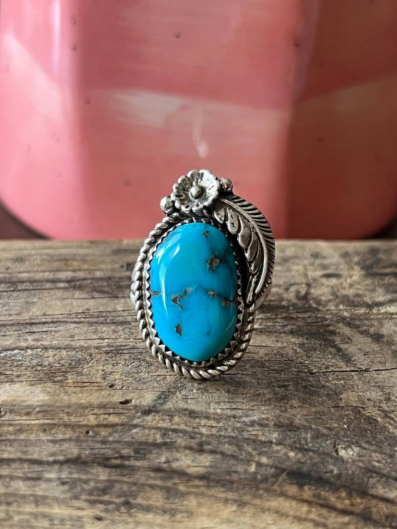 Natürlicher Türkis Ring Sterling Silber Handarbeit Größe 7.5, C101 von TreasureMtnTurquoise