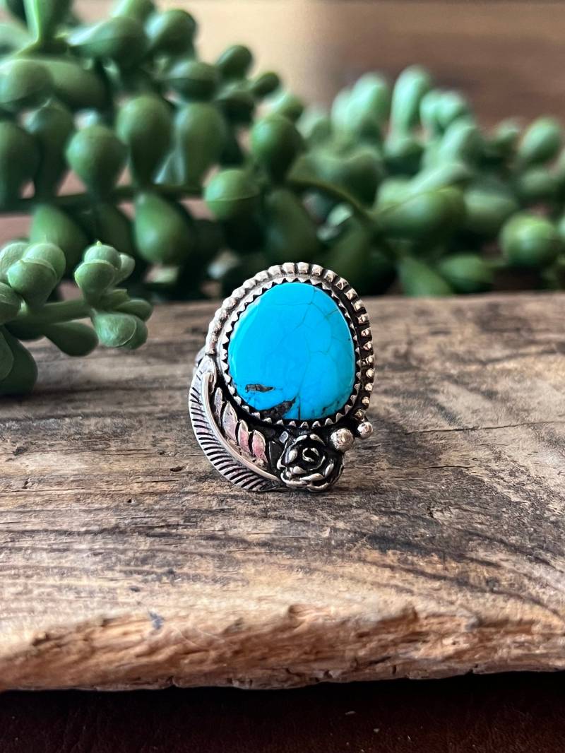 Natürlicher Türkis Ring Sterling Silber Handarbeit Größe 7.5, C111 von TreasureMtnTurquoise